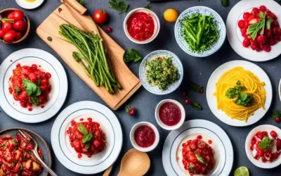 Seasonal dishes for July with fruits, vegetables and salads